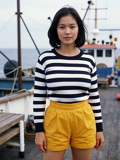 Photograph of an Asian woman with short black hair, wearing a black-and-white striped sweater and yellow shorts, standing on a wooden dock with boats in