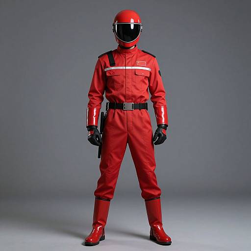 Photograph of a person in a bright red, full-body space suit with black gloves, boots, and helmet, standing against a gray background. Suit