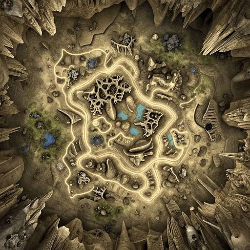 Top-down CGI fantasy landscape: glowing, serpentine yellow path snakes through rocky terrain, surrounded by towering cliffs, blue pools, and scattered greenery