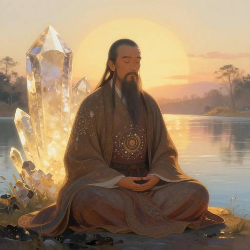 Digital painting of a bearded man with long hair, wearing a brown robe with circular patterns, sitting cross-legged by glowing crystals at sunset, next to