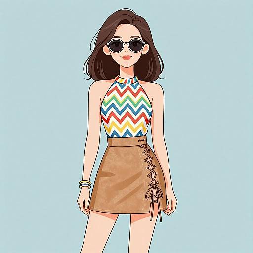 Digital drawing of a smiling woman with brown hair, wearing round sunglasses, colorful zigzag halter top, and lace-up brown skirt. Blue background.