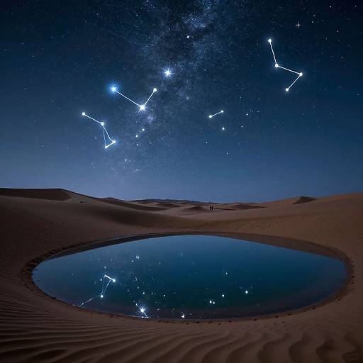 Photograph of a desert night sky with a starry Milky Way, constellations, and a reflective circular oasis in the foreground.