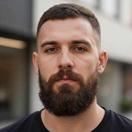 Photograph of a bearded man with short dark hair, light skin, and brown eyes, wearing a black shirt, against a blurred urban background.