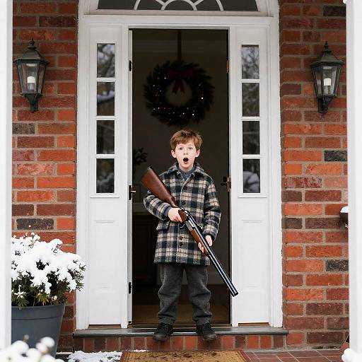 Surprised Boy with Shotgun at Doorway