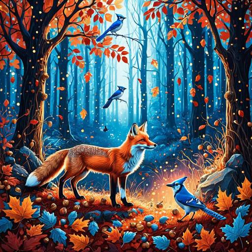 Red Fox and Blue Jays in Mystical Autumn Forest