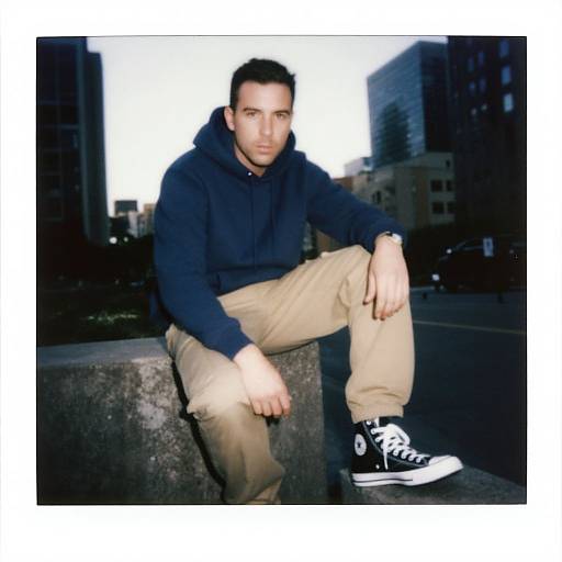 Photograph of a Caucasian man with short black hair, wearing a navy hoodie, beige pants, and black Converse sneakers, sitting on a concrete ledge