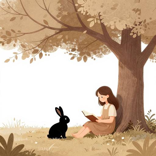 Digital illustration of a brown-haired girl in a beige dress, reading to a black rabbit under a tall tree with light brown leaves. White background, soft