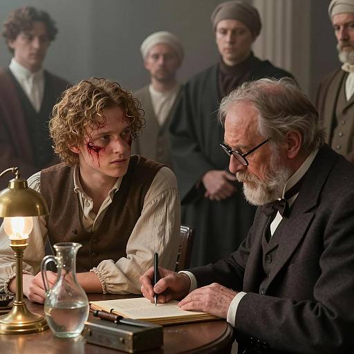 Period Drama Scene with Injured Young Man and Elderly Writer