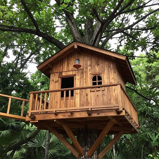 Photograph of a rustic wooden treehouse with a small balcony, nestled high in a large tree with lush green foliage.