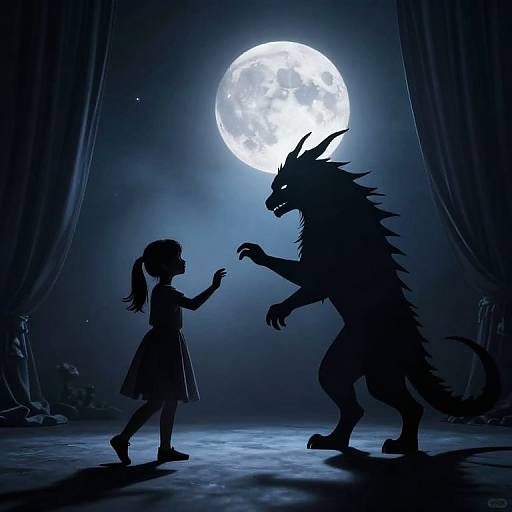 Silhouetted scene: Small girl in dress faces towering, horned werewolf under bright full moon, framed by dark curtains. Digital art in