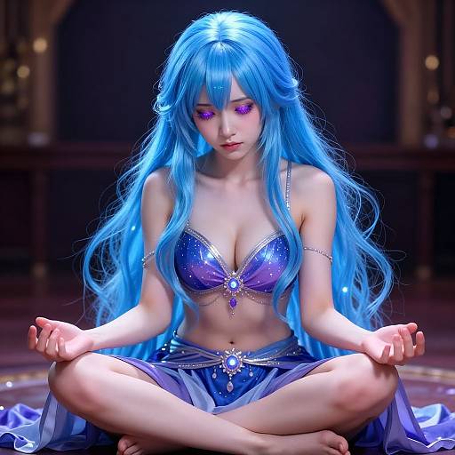 Digital art of a beautiful, blue-haired anime woman with purple eyes, seated cross-legged in a meditative pose. She wears a sparkling blue bra and