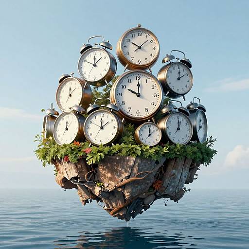 Photograph of a floating rock with thirteen vintage clocks, surrounded by greenery, against a clear blue sky and calm water.