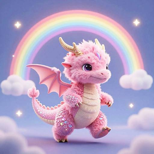 Whimsical Pink Baby Dragon on Rainbows