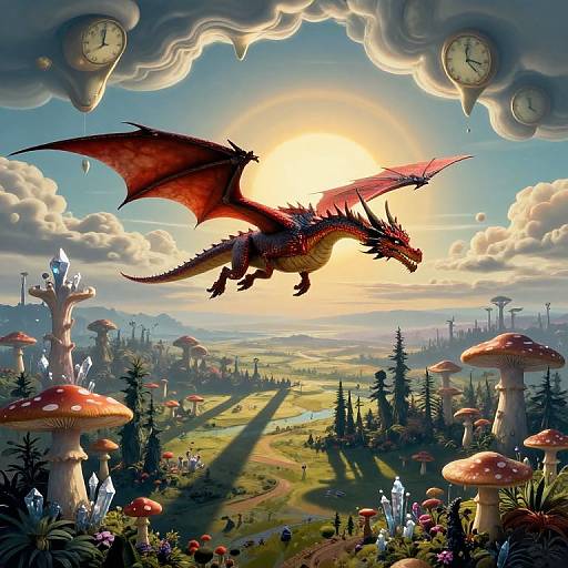Digital fantasy art: Red dragon with wings soaring above whimsical landscape of giant mushrooms, sunlit fields, and clock clouds in a surreal sky.