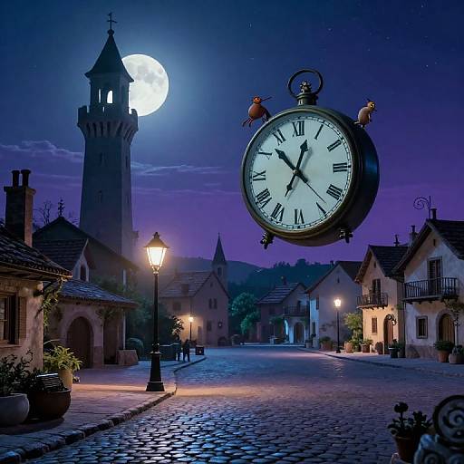 Photograph of a whimsical, moonlit village with a floating clock adorned with two birds, under a full moon, surrounded by quaint, cobble
