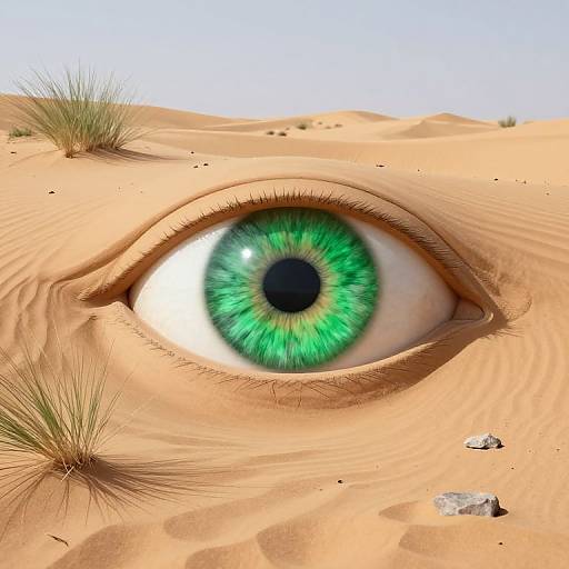 Photorealistic digital artwork of a vivid green, wide-eyed human iris embedded in a sandy desert with sparse grass and small rocks.