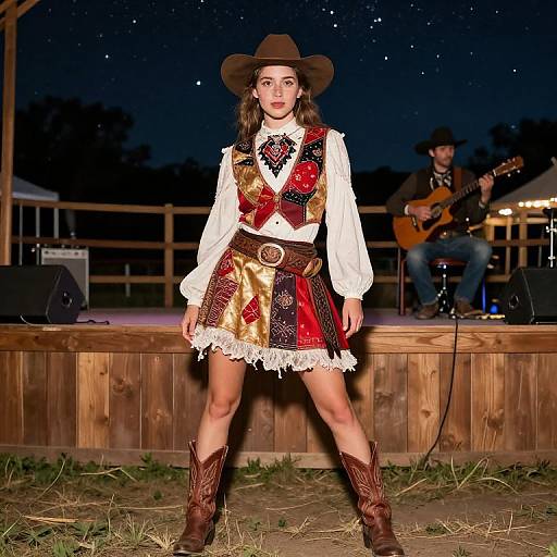 Photograph of a young woman in a cowboy hat, white blouse, multi-patterned vest, lace-trimmed skirt, and brown boots, standing