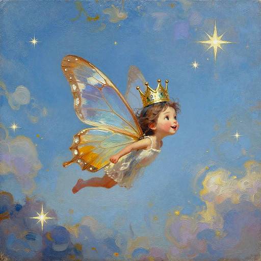 Digital painting of a cute fairy child with golden wings and a small crown, flying in a vibrant blue sky with sparkling stars and clouds.