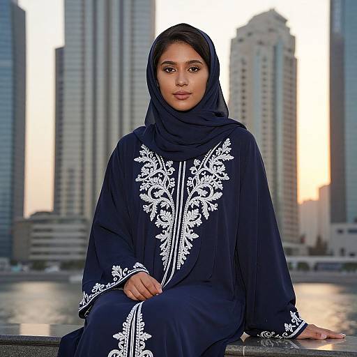 Young Woman in Navy Abaya at Sunset