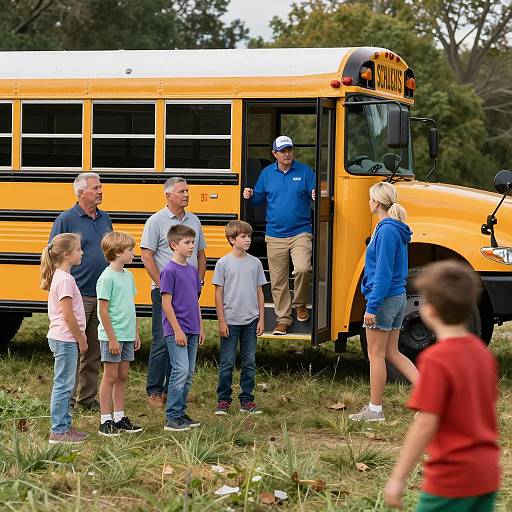 Group Standing by School Bus on Grass Field