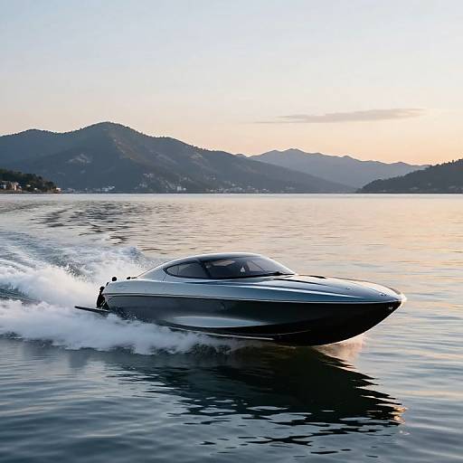 Photograph of a sleek, silver motorboat speeding across calm water, creating white waves, with mountainous coastline and sunset sky in background.