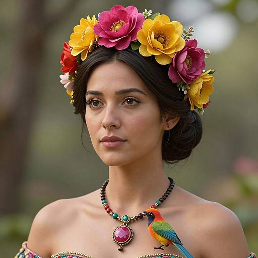 Photograph of a young woman with dark hair, wearing a colorful flower crown, necklace with pink gem, and a small bird perched on it,