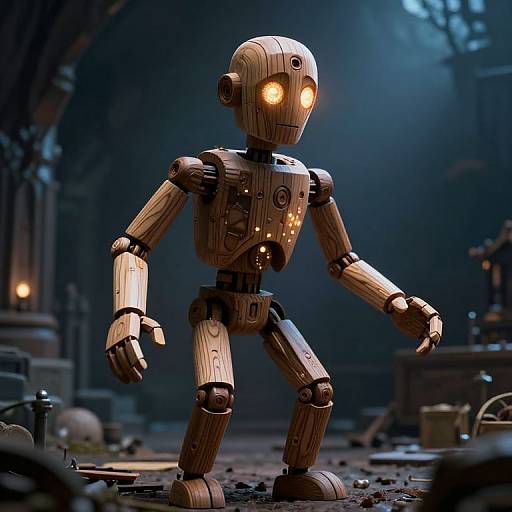 Photorealistic CGI of a glowing, wooden robot with orange eyes standing in a dim, industrial, cluttered workshop under blue lighting.