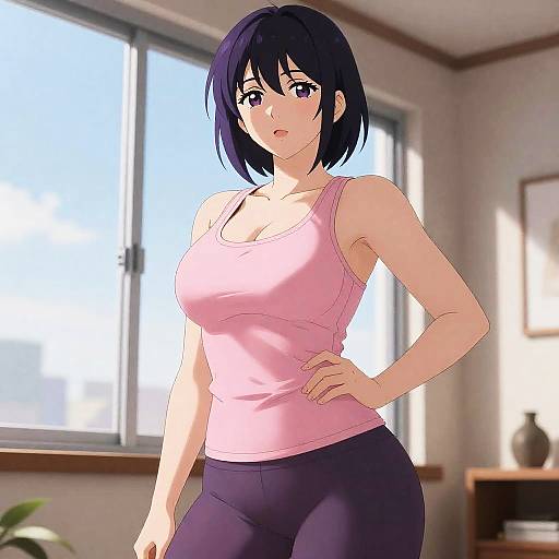 Digital anime-style drawing of a black-haired woman with medium-sized breasts, wearing a pink tank top and black pants, standing indoors near a sunlit window
