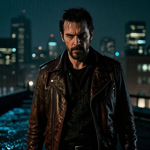 Photograph of a wet, bearded man with intense gaze, wearing a black leather jacket, standing in a rainy urban night setting with blurred city lights