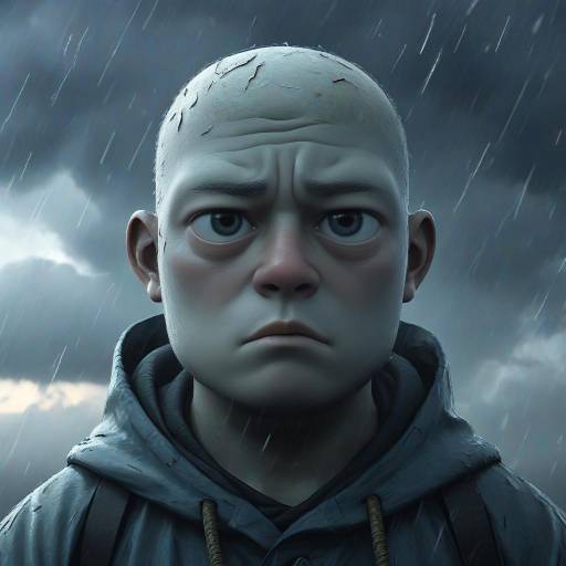 Sad Cartoon Boy in the Rain