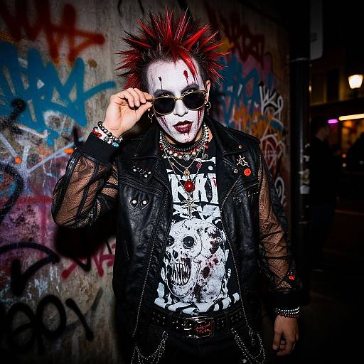 Photograph of a punk rock man with spiked red hair, white face paint, dark sunglasses, skull shirt, leather jacket, and multiple necklaces,