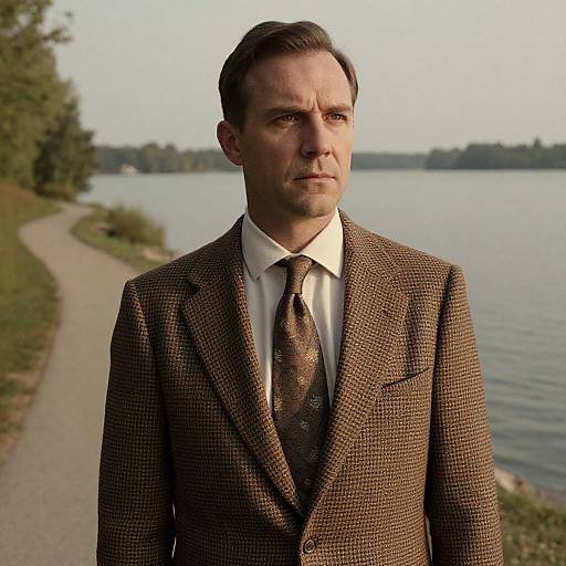 Photograph of a serious-looking white man with short brown hair, wearing a brown checkered suit and patterned tie, standing by a lakeside path