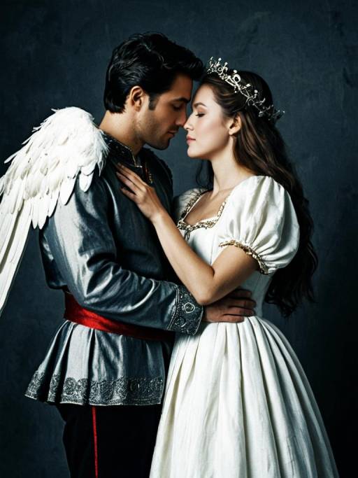 Couple in Romeo and Juliet Angel Costumes Embracing