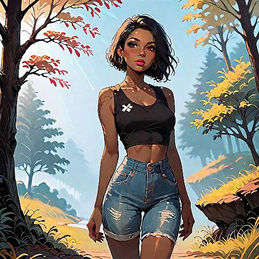 Stylish Woman Standing at Forest Edge