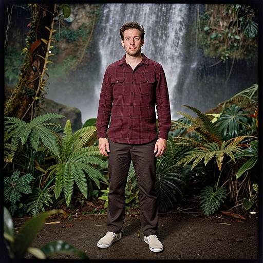 Photograph of a man with short brown hair, wearing a red plaid shirt, black pants, and white sneakers, standing in front of a lush