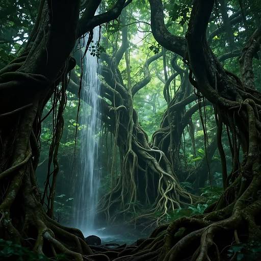 Photograph of a lush, dense forest with a cascading waterfall, surrounded by massive, intertwining trees with thick, hanging roots. Bright green foliage