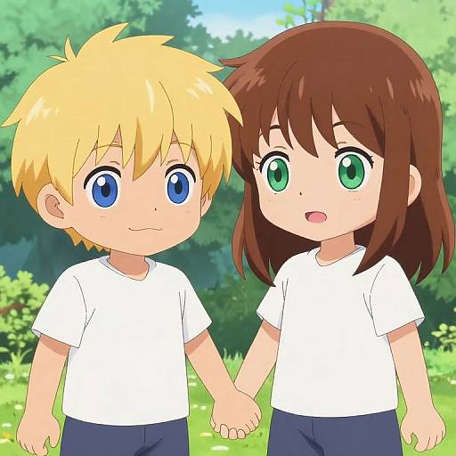 Anime-style digital drawing of a blonde boy with blue eyes and a brown-haired girl with green eyes, holding hands, wearing white shirts and blue pants,