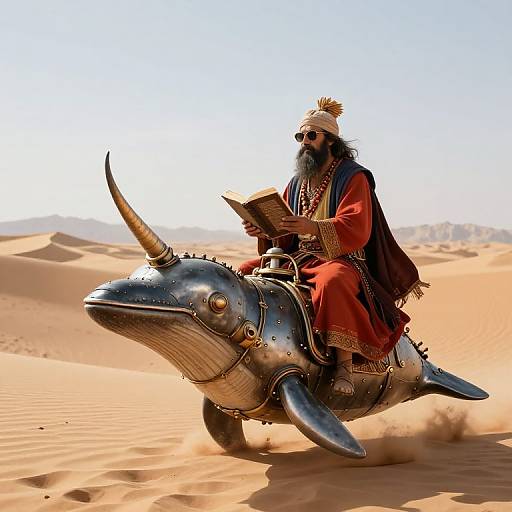 Photograph of a bearded man with a crown, wearing red and blue robes, riding a metallic, horned whale in a desert. He reads