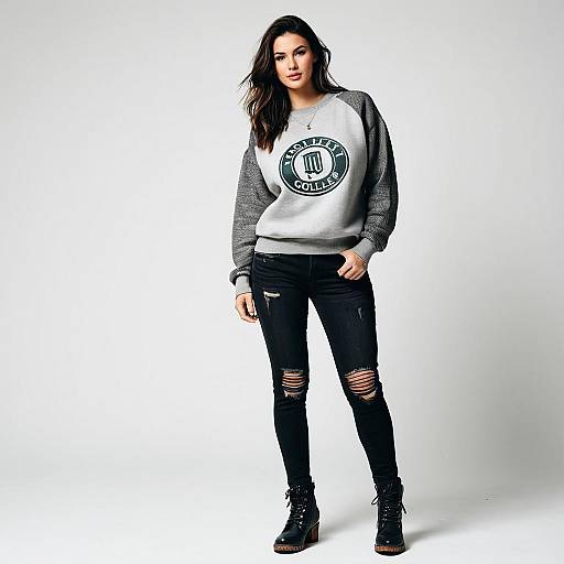 Stylish Woman in Vintage College Sweatshirt and Ripped Jeans