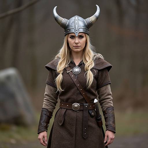 Photograph of a blonde woman in Viking armor, including a metal helmet with horns, brown coat, and belt, standing in a forest.
