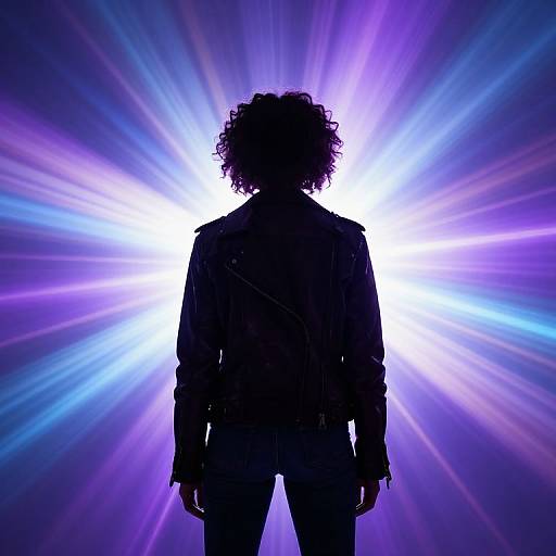 Silhouetted figure with curly hair stands against radiant purple and blue light burst, wearing a leather jacket, creating a dramatic, futuristic effect.