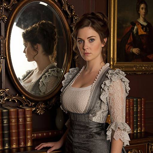 Photograph of a brunette woman with blue eyes, wearing a Victorian-style dress with lace sleeves, standing in a library with an ornate mirror and book