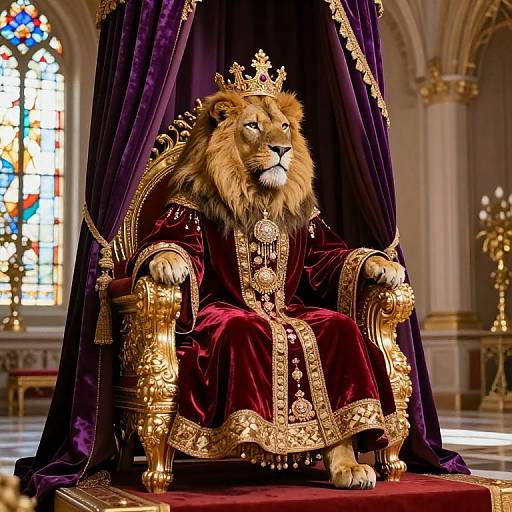 Photorealistic image of a majestic lion wearing an ornate gold crown and regal purple robe, sitting on a luxurious golden throne in a grand,