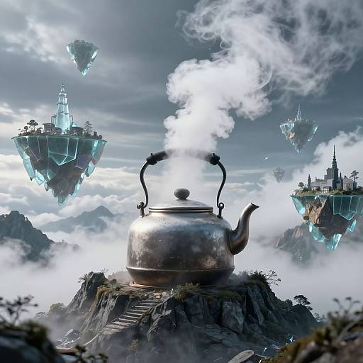 Fantasy digital artwork: a silver, steam-puffing kettle sits on a rocky cliff, surrounded by floating, cloud-encircled islands and