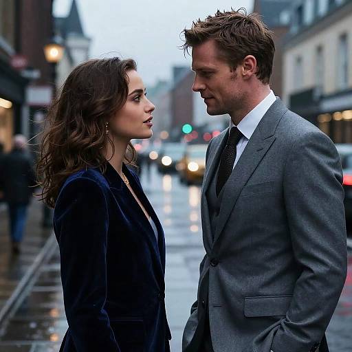 Photograph of a serious, handsome man in a grey suit and black tie, standing close to a beautiful woman in a navy velvet blazer, on