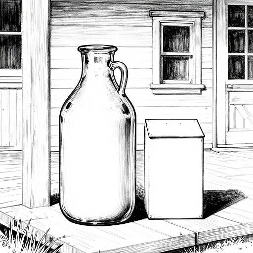 Black-and-white illustration of a large glass milk jug and a cardboard box on a wooden porch step, with a house and window in the background.