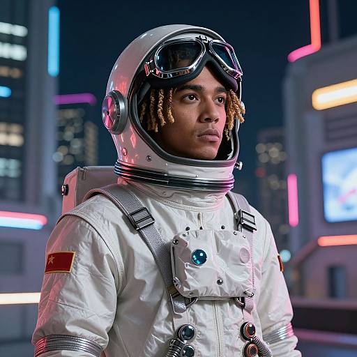 Photograph of a Black man in a futuristic white spacesuit with goggles, dreadlocks, and an American flag patch, standing in a neon-lit