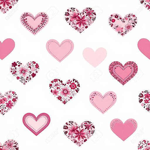 Pattern of pink and red floral heart shapes on white background, featuring dotted and solid textures, scattered evenly. Digital art.