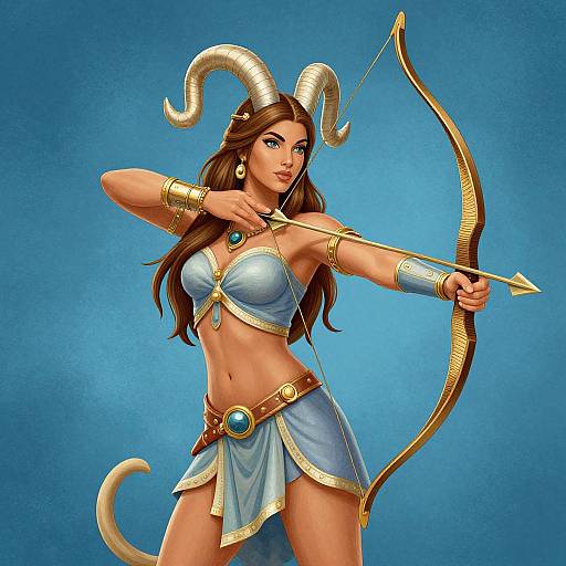 Digital artwork of a horned, blue-eyed, brown-haired female archer with golden accessories, wearing a light blue, gold-trimmed, revealing