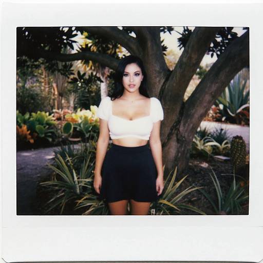 Photograph of a young woman with dark hair, wearing a white cropped top and black mini skirt, standing in a lush garden with trees and plants in
